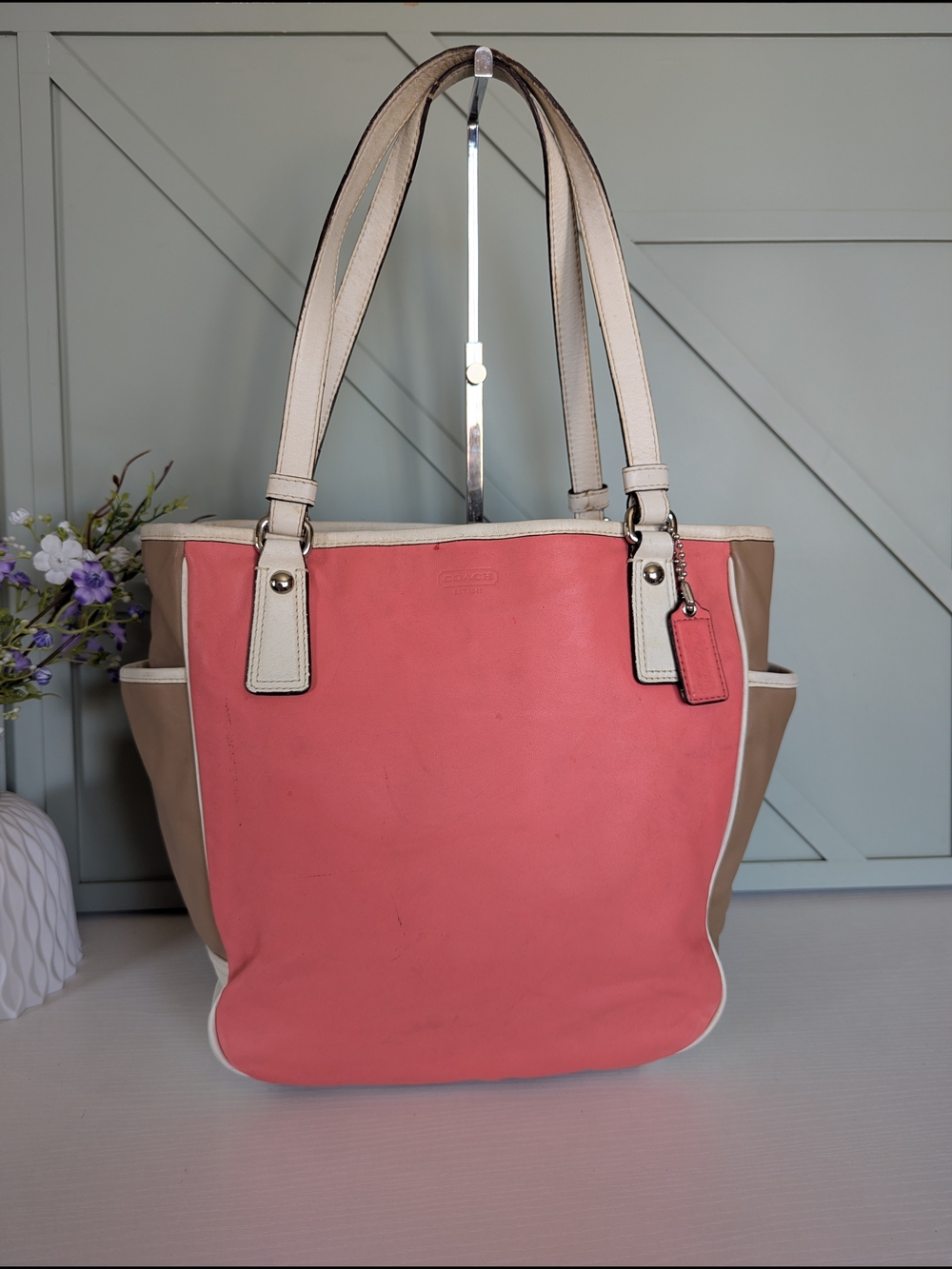 vintage Coach Park Leather Color Block Tote Bag (Style Number F23683), featurin